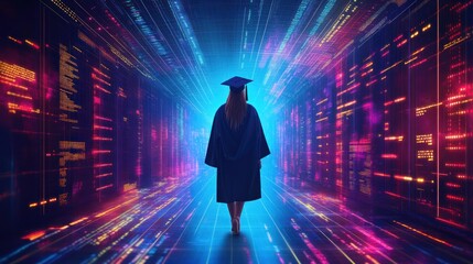 Graduate entering digital future, code walls, bright lights, education