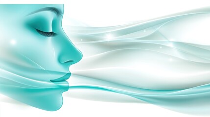 Elegant Abstract Face of a Woman Breathing Calmly with Flowing Blue Waves and Soft Light
