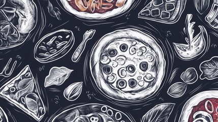 artisanal food sketch pattern, dynamic pasta and pizza illustrations, blackboard menu concept, casual white chalk drawings, organic flowing design, culinary border elements, restaurant menu