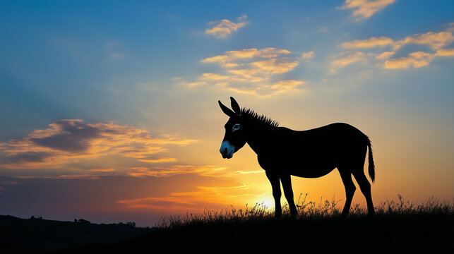 Majestic donkey standing on a grassy hill against a warm sunset sky – rural countryside animal silhouette with golden hour light