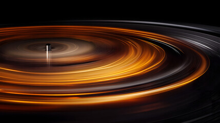 Fototapeta premium A vinyl record spins on a turntable, its grooves blurred by motion, with a warm, orange light reflecting off the surface, against a dark background.