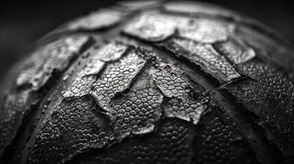 texture of a basketball is illuminated from above, casting deep shadows and showcasing the detailed lines that segment the ball's surface.