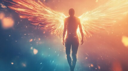 Obraz premium Ethereal Figure with Flaming Wings Ascending into a Cosmic Realm of Light and Dust