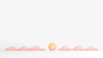 Minimalistic scene featuring a soft orange sun rising above pink clouds against a white backdrop