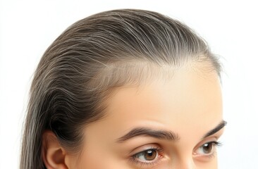 Fototapeta premium Prematurely gray young Caucasian woman. Forehead. Closeup of a woman with gray hair and thinning on the top of her head
