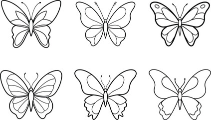 Six Simple Line Drawings of Colorful Butterflies