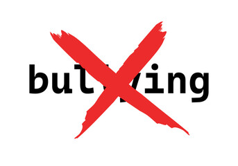 Palabra bullying o acoso escolar tachado con aspa roja de no al bullying 