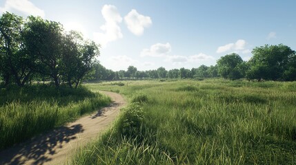 Serene landscape with a winding path through lush green grass and trees under a clear blue sky