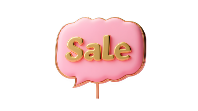 3D render of an isolated pink speech bubble with "Sale" in golden text on a light pastel background, high-resolution photography. - Powered by Adobe