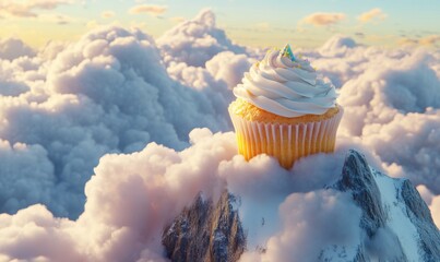 Cupcake atop snowy mountain peak amidst clouds; sunset, fantasy food image, celebration