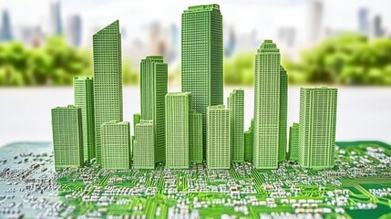 Eco-Friendly Urban Landscape Featuring Green Skyscrapers and Innovative Architecture