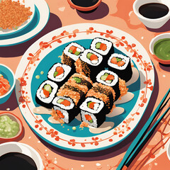 sushi on a plate with chopsticks