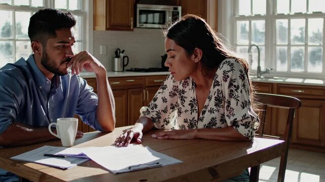 A couple reviews documents at a kitchen table, captured in a mid-shot angle. The video conveys a serious, contemplative mood in a domestic setting.