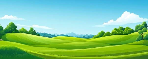 Obraz premium Beautiful green grass landscape with trees and blue sky in the background. Picturesque golf course with bright daylight. 