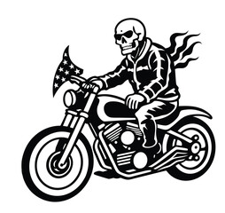 A skeleton biker rides a motorcycle featuring an American flag and fiery accents.