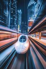 Fototapeta premium High-Speed Train In Futuristic City At Night