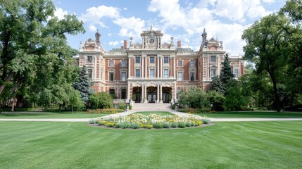 Obraz premium Historic Building Facade in Park Setting, Summer Day, Potential Use Architectural Stock Image