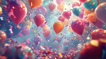 Festive birthday celebration with colorful balloons and confetti rain