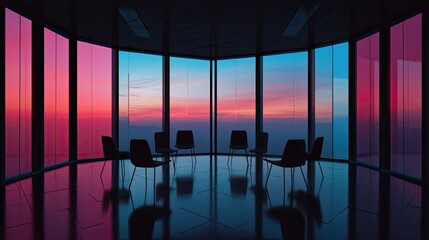 Modern conference room with silhouetted chairs against a vibrant sunset skyline view