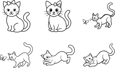 Adorable Cartoon Cats Six Cute Kittens, Bow, Butterfly, Playful