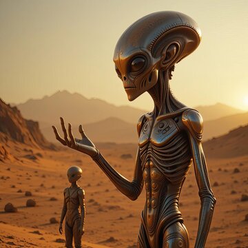 Robotic alien figures on a desert planet