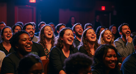 A heartwarming scene of people laughing together in a charming theater ambiance.  

