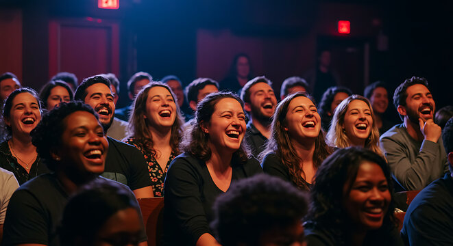 A heartwarming scene of people laughing together in a charming theater ambiance.  
