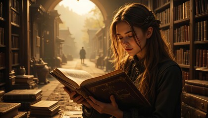 Naklejka premium Young Woman Reading Ancient Book in Library