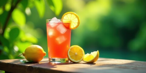 Fototapeta premium Refreshing Iced Citrus Beverage with Lemon Garnish on Wooden Table