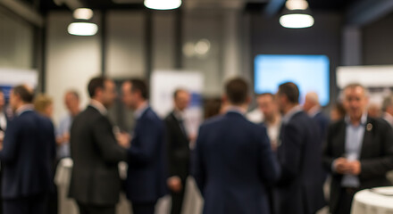 Blurred Business Networking Event: Professionals in Suits Engaging in Conversation at Conference