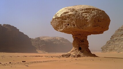 Unique rock formation resembling a mushroom in a vast desert landscape with mountains in the background