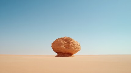 Isolated rock formation in a vast desert landscape under a clear blue sky, evoking solitude