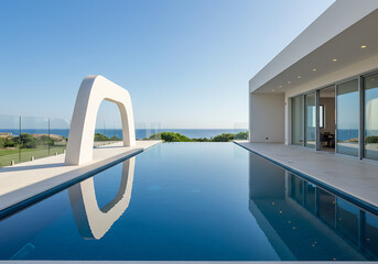 Fototapeta premium Modern Minimalist Villa Infinity Pool with Ocean View: Luxurious Coastal Residence Design