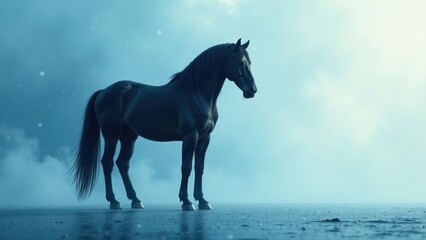 Obraz premium A Majestic Black Horse Stands Alone in a Misty, Serene Landscape at Dawn