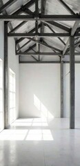 Obraz premium Sunlit Industrial Interior Space with Exposed Beams and Large Windows