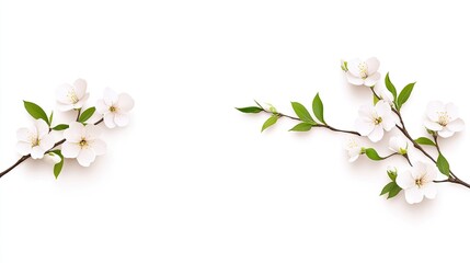 Delicate white flowers with green leaves arranged elegantly on a minimalist background