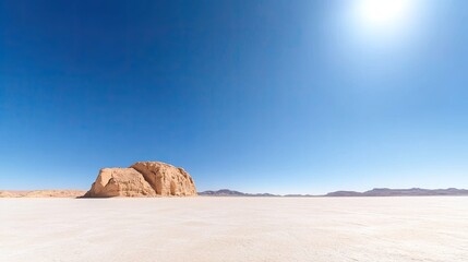 Expansive desert landscape featuring a large rock formation under a clear blue sky