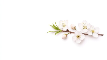 Delicate white cherry blossom branch with buds against a clean white background, symbolizing spring