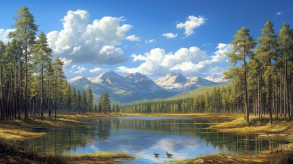 Mountain lake, pine forest, birds, sunny day, nature scene, landscape
