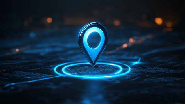 map pointer with pin, blue color and bokeh background. image with copyspace