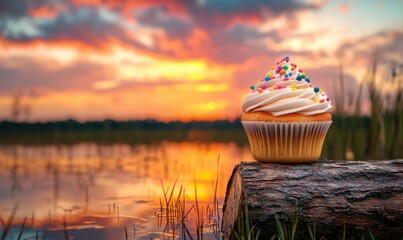 Cupcake sunset lake; serene birthday treat outdoors
