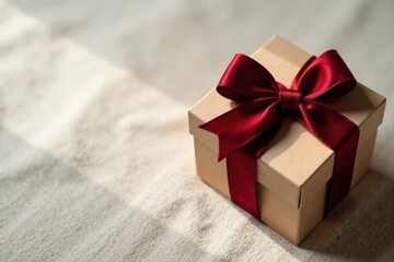 A Small Gift Box with a Burgundy Ribbon Bow Resting on a Soft Textured Surface