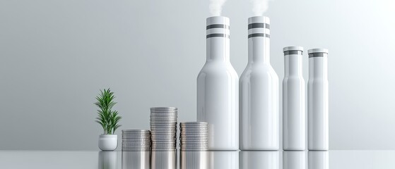 Modern display of sleek white bottles with metallic lids alongside silver coins and a small green plant, creating a minimalist aesthetic.