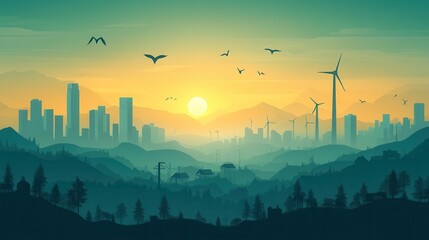Sunset over city, wind turbines, mountains. Green energy concept