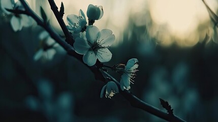 Delicate blossoms on a branch silhouetted against a soft sunset background, evoking tranquility