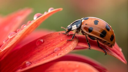 Fototapeta premium Ladybug on Petal: A vibrant ladybug, its shell adorned with delicate black spots, perches on a dew-kissed crimson petal, showcasing the intricate beauty of nature's miniature marvels. 