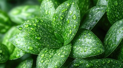 Close-up of lush green leaves with water droplets, showcasing nature's beauty in a tranquil setting