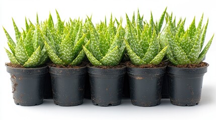 A row of vibrant green aloe vera plants in black pots, showcasing their healthy growth and texture