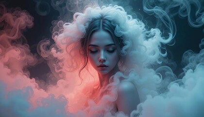 Fototapeta premium Enigmatic Woman Emerging from Swirling Vapor