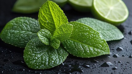 Fresh mint leaves with droplets on a dark surface, complemented by sliced lime in the background